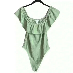 Eye Candy women’s L Body Suit ruffle collar vine pattern snap base Sage Grn